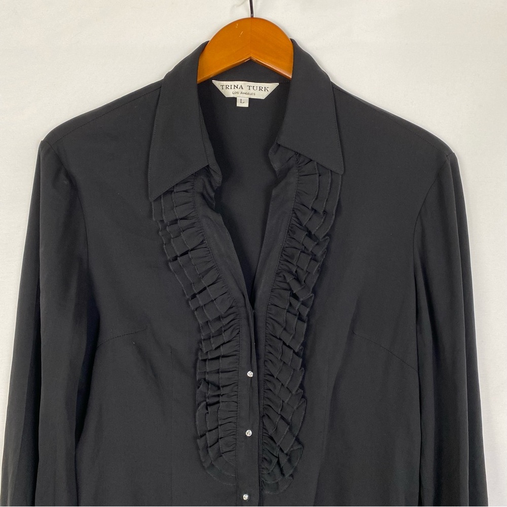 Trina Turk Silk Ruffle Button Up Long Sleeve Blouse Size Large Black - Picture 2 of 5